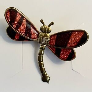 Vintage Dragonfly Brooch Red and Gold Tone
